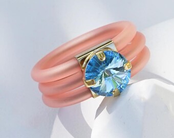 Silicone Rings Women, Triple Rubber Band, Stone Ring, Wide Silicone Ring, Rubber Ring, Solitaire, Aqua Ring, Cocktail Ring Women