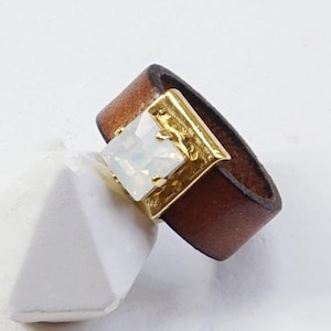 Leather Rings, Leather Ring Band, Crystal Ring, Black Ring Band, Brown Leather Jewelry, Leather Ring, Princes Cut Ring, Leather Stone Ring