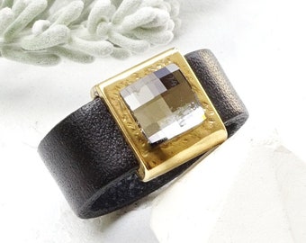 Leather Rings, Leather Ring Band, Crystal Ring, Black Ring Band, Black Leather Jewelry, Leather Ring, Gemstone Ring,Leather Stone Ring