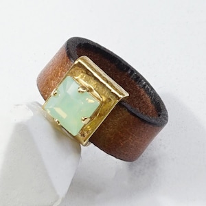Leather Rings, Leather Ring Band, Opal Ring, Aquamarine Ring, Brown Leather Jewelry, Leather Ring, Princes Cut Ring, Leather Stone Ring