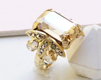 Gold Octagon Ring, Crystal Ring, Statement Ring For Women, Gold Cocktail, Solitaire Rings, Unique Ring, Bold Emerald Cut Ring