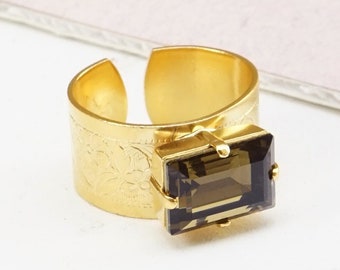 Large Rings For Women, Thick Wide Gold Ring Band, Emerald Cut Ring, Chunky Ring, Smokey Ring For Women, Crystal Ring,Brown Cocktail ring