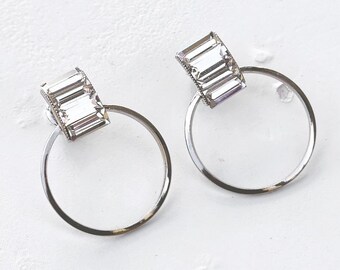 Clear Earrings Women, Circle Silver Earrings, Baguette Earrings For Women, Circle Earrings, White Crystal Earrings,Minimalist Silver Earring