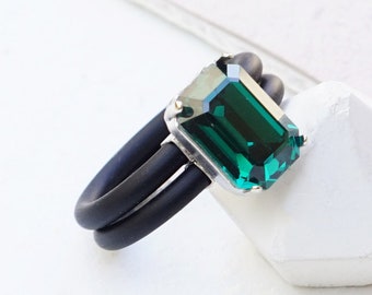 Green Emerald Ring, Silicone Ring With Stone, Silicone Engagement Ring, Rubber Ring Band, Emerald Rings, Emerald Cut, Green Cocktail Ring