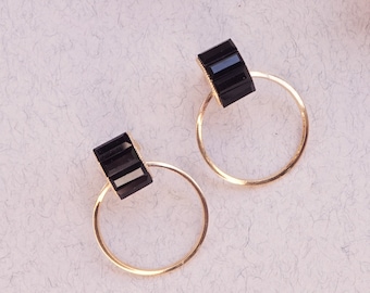 Black Earrings Women, Gold Disc Earrings, Gold Earrings, Baguette Earrings For Women, Gold Circle Earrings, Black Earring