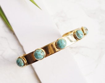 Turquoise Stone Cuff Bracelet, Gold Cuff Bracelet, Gold Stacking Bangle, Gold Bangle, Turquoise Cuff For Women, Stone Cuff Bracelet