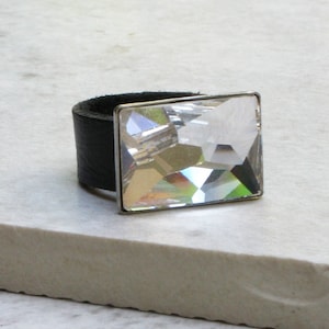 Clear Crystal Ring, Cocktail Leather Ring Band, Leather Jewelry, Solitaire Ring, Leather Rings For Women,Unique Emerald Cut Rings