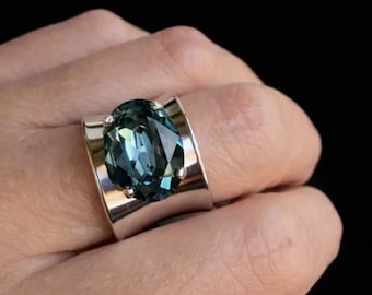 Dusty Blue Rings For Women,Wide Silver Band Ring,Customized Stone Ring,Oval Statement Ring,Chunky Silver Rings,Blue Cocktail Ring For Women