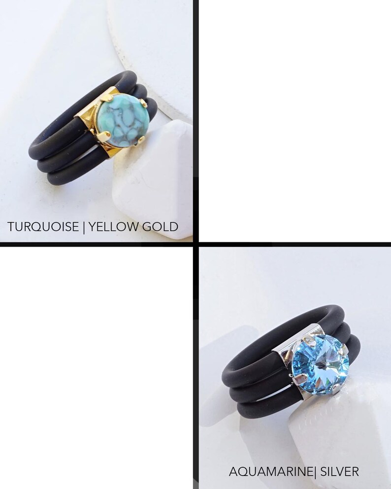 May include: Two silicone rings with a gemstone in the center. The ring on the left has a turquoise gemstone and yellow gold setting. The ring on the right has an aquamarine gemstone and a silver setting.  TURQUOISE | YELLOW GOLD and AQUAMARINE | SILVER are written below the rings.