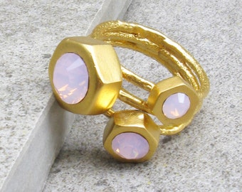 Triple Ring Band, Pink Stone Rings, Gold Rings Women, Opal Ring, Triple Stones Ring, Statement Ring, Triple Band Rings For Women,Rings Set