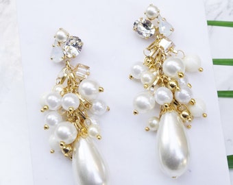 Pearl Earrings For Women, Bridal Chandelier Earrings, Pearl Jewelry, White Jewelry, Bridal Earrings Gold Plated Earrings,Statement Earrings