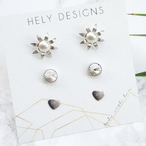Silver Stud Earrings, Custom Silver Earrings Set, Minimal Earring, Post Earrings Set, Modernist Earrings For Women, Pearl Stud Earrings