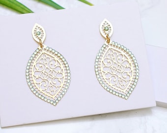 Gold Persian Earrings For Women, Light weight Earrings, Crystal Earrings, Persian Earrings, Unique Earrings, Filigree Gold Earrings For Her