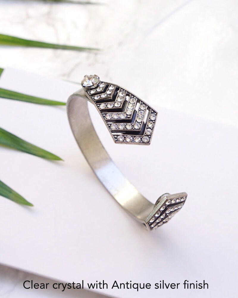 Art Deco Cuff Bracelet With Crystal Wide Silver Cuff For Her Etsy
