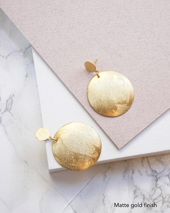Vintage Gold Clip On Earrings - Big Domed Circle, Art Deco Textured Discs