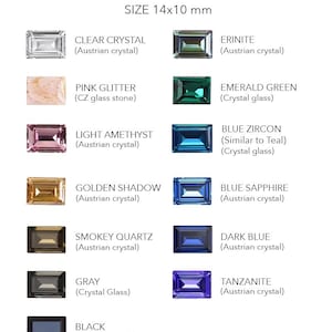 May include: A color chart by Hely Designs displaying rectangular 14x10 mm crystals and stones in various shades including clear, pink glitter, light amethyst, golden shadow, smokey quartz, gray, black, erinite, emerald green, blue zircon, blue sapphire, dark blue, and tanzanite.