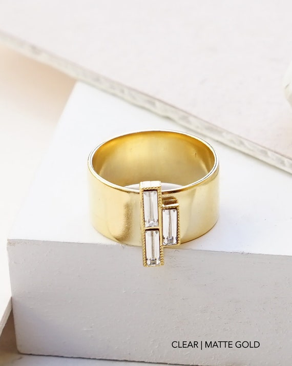 Baguette Ring For Women, Wide Band Ring Women, Gold Ring For Women, Clear Crystal Ring, Cigar Ring With Stone, Cocktail Ring For Women