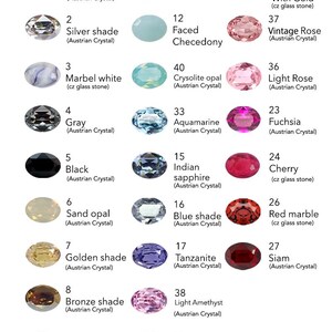 May include: A Hely Designs color chart featuring 25 oval-shaped stones, each 14x10mm. The chart displays numbered options including Crystal, Turquoise, Pink, Silver shade, Faced Checedony, Vintage Rose, Marbel white, Crysolite opal, Light Rose, Gray, Aquamarine, Fuchsia, Black, Indian sapphire, Cherry, Sand opal, Blue shade, Red marble, Golden shade, Tanzanite, Siam, Bronze shade, Light Amethyst, Erinite, Amethyst, and Emerald Green.