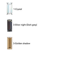 Puede incluir: Tres piedras rectangulares de vidrio en diferentes colores: transparente, gris oscuro y marr&oacute;n. Las piedras est&aacute;n etiquetadas como "1-Crystal", "3-Silver night (Dark grey)" y "3-Golden shadow".