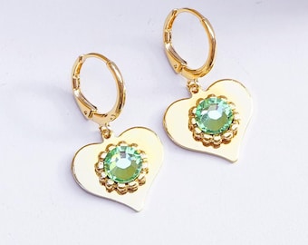 Light Green Earrings, Heart Charm Hoops, Small Hoops Earrings For Women, Huggie Charm Earrings, Mini Hoop Earrings With Charm