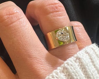 Clear Stone Ring, Crystal Rings, Wide Rings, Thick Band Ring, Black Gold Ring, Wide Ring For Women, Stone Rings, Large, Wide Stone Band