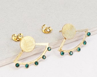 Gold Modern Earrings, Gold Ear Jacket Earrings, Minimalist Earrings, Modernist Earring, Gold Minimalist Earring, Emerald Earrings For Women