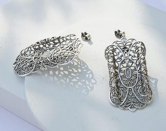 Lace Earrings, Silver Earrings, Rectangle, silver Modernist Earrings, Vintage Earrings, Silver, Post, Drop Earrings For Women