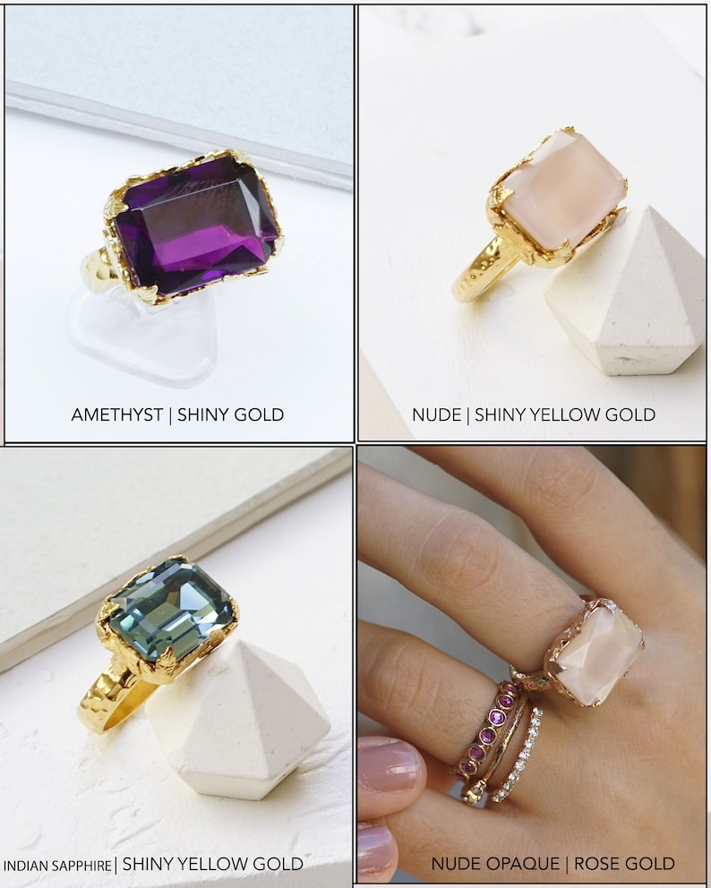 May include: Four rings with different gemstones and metal finishes. The top left ring has a purple amethyst stone and a shiny gold band. The top right ring has a nude opaque stone and a shiny yellow gold band. The bottom left ring has a blue Indian sapphire stone and a shiny yellow gold band. The bottom right ring has a nude opaque stone and a rose gold band.