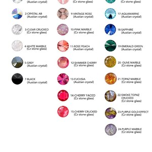 May include: A chart showing 24 different round glass beads, each with a unique color and name. The beads are 10 mm in diameter and are labeled with their name and type of glass. The chart is titled "HELY DESIGNS Round 10 mm".