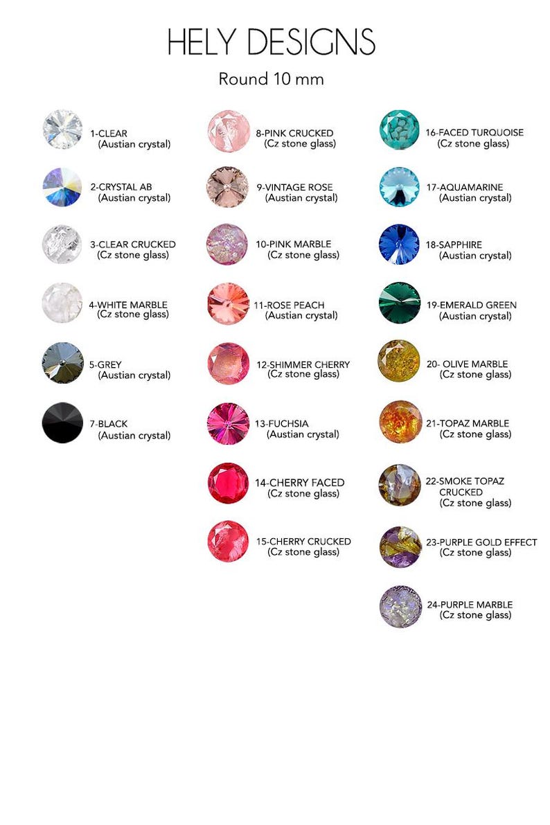 May include: A chart showing 24 different round glass beads, each with a unique color and name. The beads are 10 mm in diameter and are labeled with their name and type of glass. The chart is titled "HELY DESIGNS Round 10 mm".