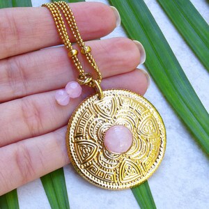 Long Gold Necklace, Coin Necklaces For Women, Coin Necklace, Gold Disc Necklace, Gold Plated Necklace, Pink Stone Necklace