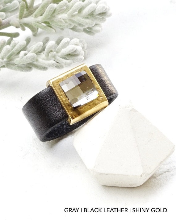 Leather Rings, Leather Ring Band, Crystal Ring, Black Ring