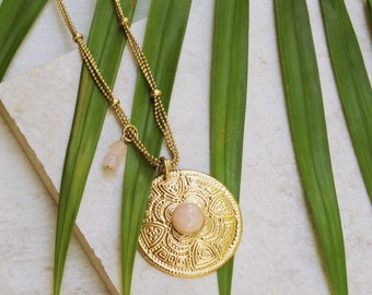 Gold Coin Necklace, Pink Stone Necklace, Rose Quartz Necklaces, Bohemian Necklace, Coin Pendant Necklace, Pink Opal Necklace For Women