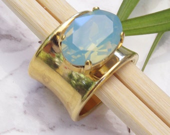 Turquoise Rings Oval, Aquamarine Crystal Ring, Wide Ring Band, Gold Chunky Ring, Turquoise, Aquamarine Stone Band, Opal Stone Ring Her