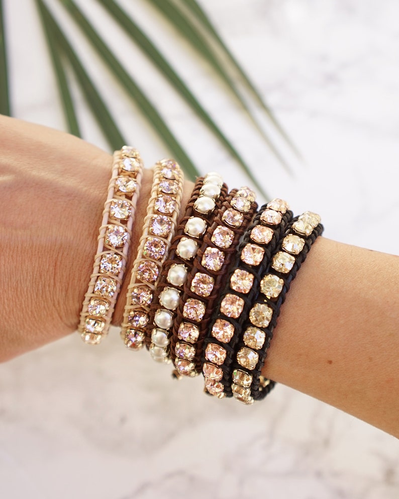Boho Leather Wrap Bracelet Swarovski Crystal Bracelet Etsy