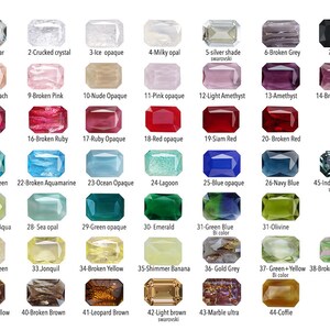 May include: Chart of 45 different colored gemstone-like glass stones, each labeled with a name and number. The stones are arranged in rows of five, with the exception of the last row, which has four stones. The stones are all rectangular in shape and have a smooth, polished surface.