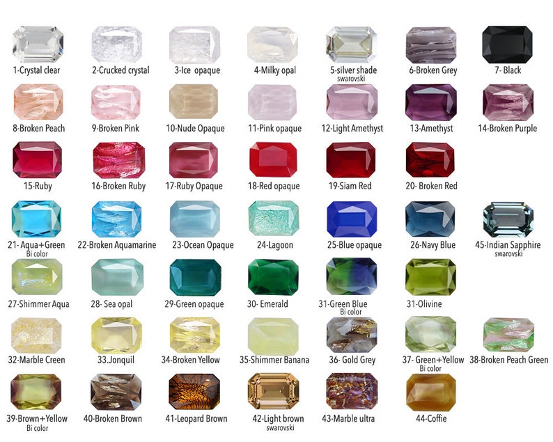 May include: Chart of 45 different colored gemstone-like glass stones, each labeled with a name and number. The stones are arranged in rows of five, with the exception of the last row, which has four stones. The stones are all rectangular in shape and have a smooth, polished surface.