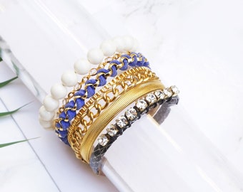 Multi-Ketten-Armband, Schichten Armband, Gold-Manschetten-Armband, Blau Gold-Statement-Armband, Multi-Strang-Armband, Multi-Strang-Frauen-Armband