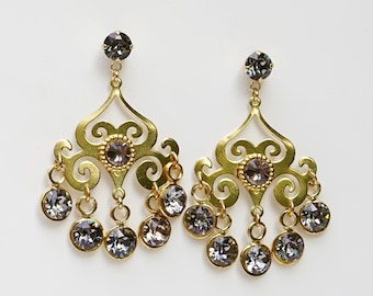 Bridal Earrings, Gray Earrings, Gold Earrings, Chandelier, Statement Earrings, Persian Earrings For Women, Bridal, Chunky Gold Earrings