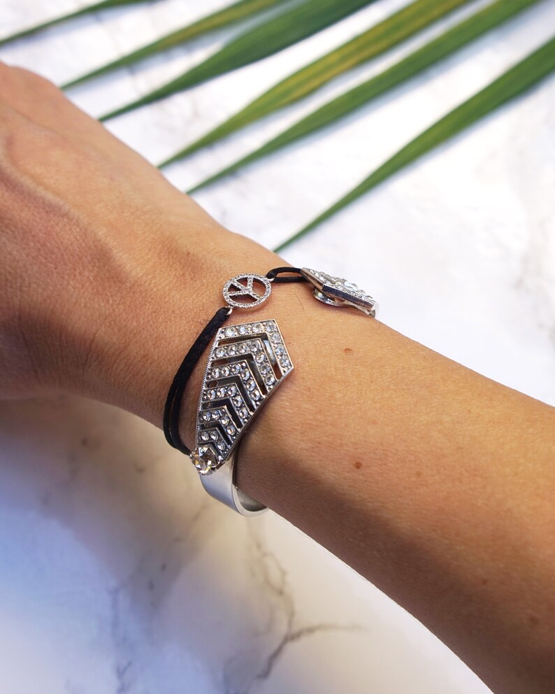 Art Deco Cuff Bracelet With Crystal Wide Silver Cuff For Her Etsy