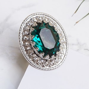 Emerald Ring Vintage, Green Ring Women, Green Cocktail Rings For Women, Oversized Stone Ring, Green Stone Ring,Silver Chunky Rings Women