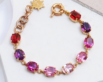 Pink Crystal Stones Bracelet For Women, Oval Bracelet Gold, Oval Crystal Bracelets, Pink Crystal Bracelet Women,Stone Bracelet For Women