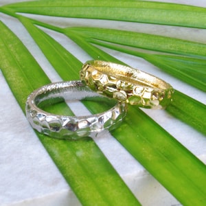 Può includere: Due anelli in metallo testurizzati, uno argentato e uno dorato, sono impilati l'uno sull'altro. Gli anelli sono su uno sfondo di foglie verdi.