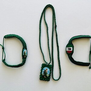 Necklace and Two Woven Bracelets with the Image of San Judas Tadeo and Mexico