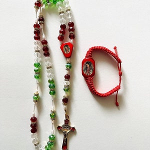 Set de La Virgen de Guadalupe: Multi Color Rosario de Cristal y Pulcera Tejida de Hilo Rojo