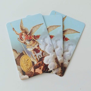 Cartes Laminées Avec Oracion & Timbre Doré De San MIguel Arcangel Set De 12