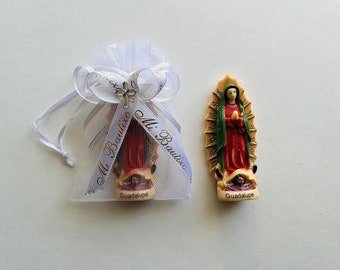 12 Pack "Mi Bautizo" Organza Bags with Mini Statue of the Virgen of Guadalupe