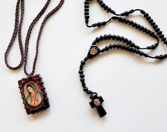 Virgen de Guadalupe Rosario Negro de Madera y Escapulario Cafe de la Virgen set