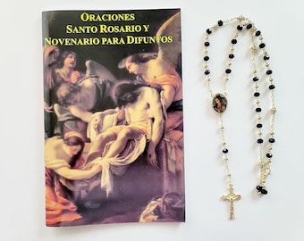 Oraciones Santo Rosario y Novenario para Difuntos Libro de Rezo y Rosario Negro y Dorado de Cristal