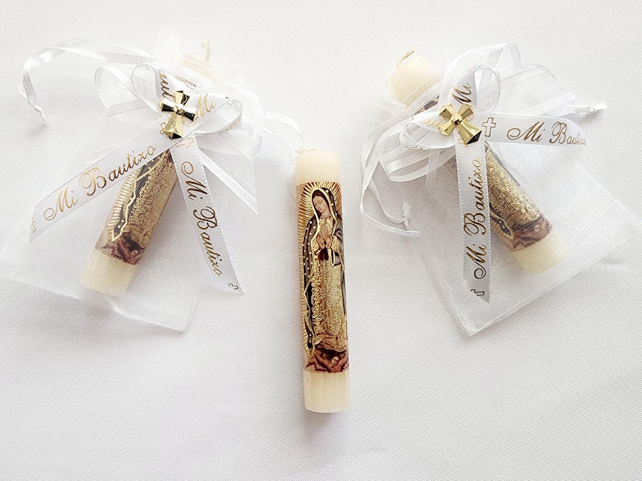 Organza Favor Bags (12) Elegantes Recuerdos de Mi Bautizo con Velas Pequenas (3.5")